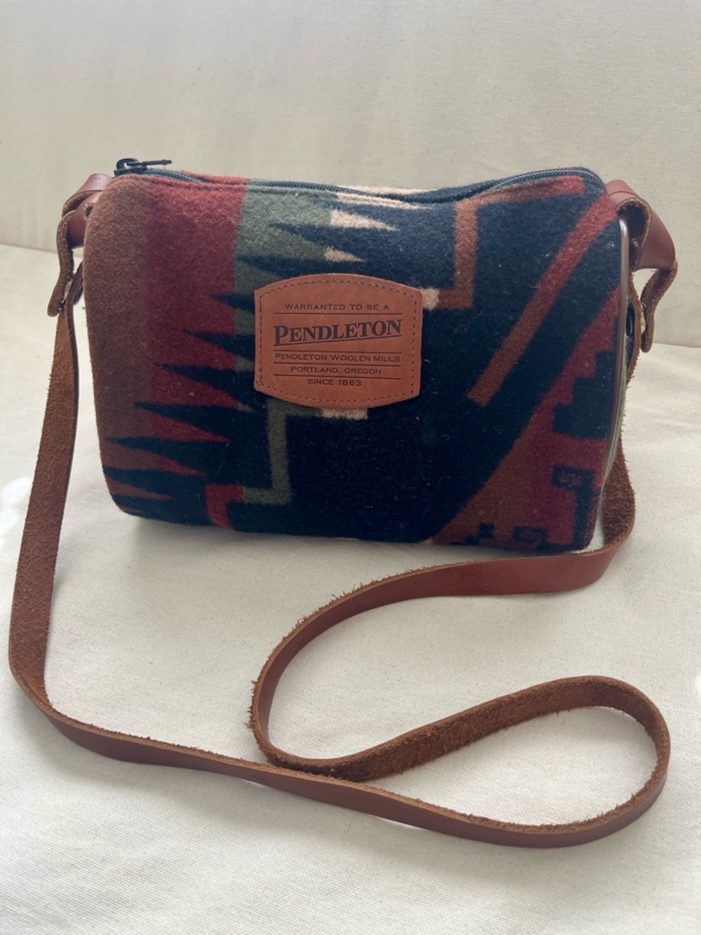 Vintage Pendleton Brown, Black & Rust Wool Crossbody Bag with Leather Strap